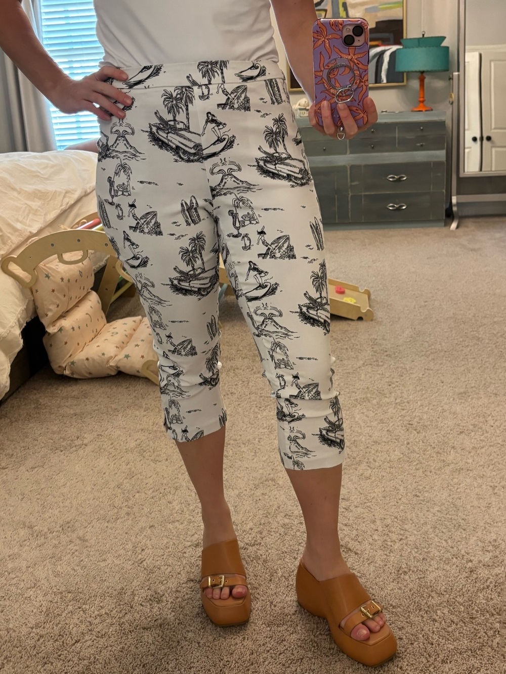 Tribal White Pants with Black Surf & Palm Print